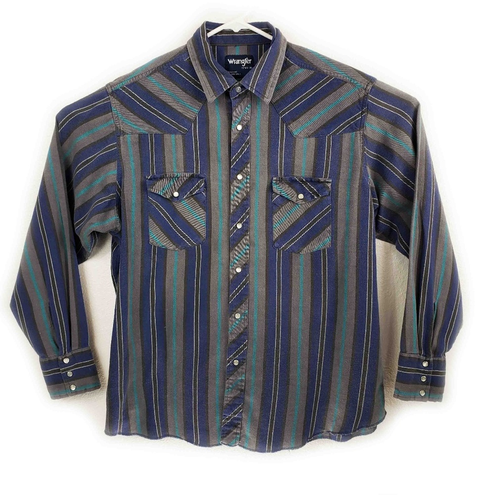Wrangler Mens XL Long Gray Blue Plaid Pearl Snap